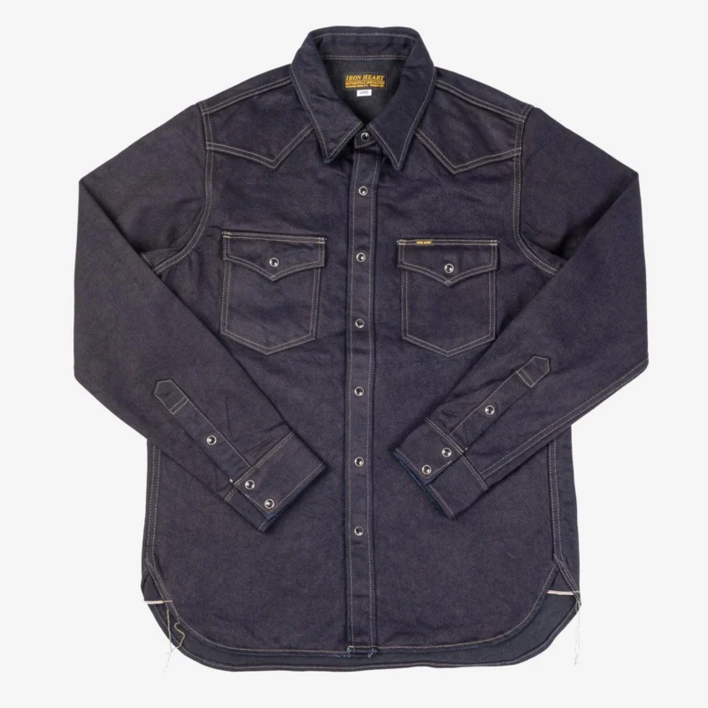Image showing the IHSH-295-IB - 14oz Selvedge Denim Western Shirt Indigo/Black which is a Shirts described by the following info IHSALE, Iron Heart, Released, Shirts, Tops and sold on the IRON HEART GERMANY online store