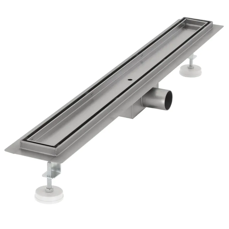 Seitenansicht eines Abflusses mit verstellbaren Füßen und Anschlussstück.