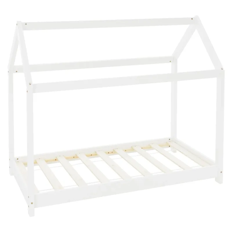 Weißes Kinderbett mit Dachstruktur und slatted frame.