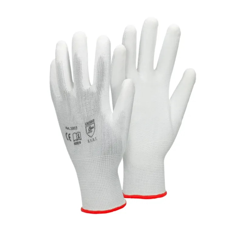 Weißer Mechanikerhandschuh mit rotem Bündchen und ECD-Logo.