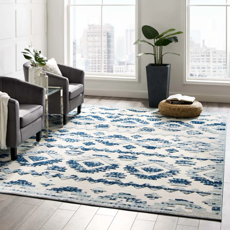 Modway Reflect Takara Distressed Contemporary Abstract Diamond Moroccan Trellis 8x10 Indoor and Outdoor Area Rug Ivory and Blue - R-1180-810 | Rugs | Modishstore - 1