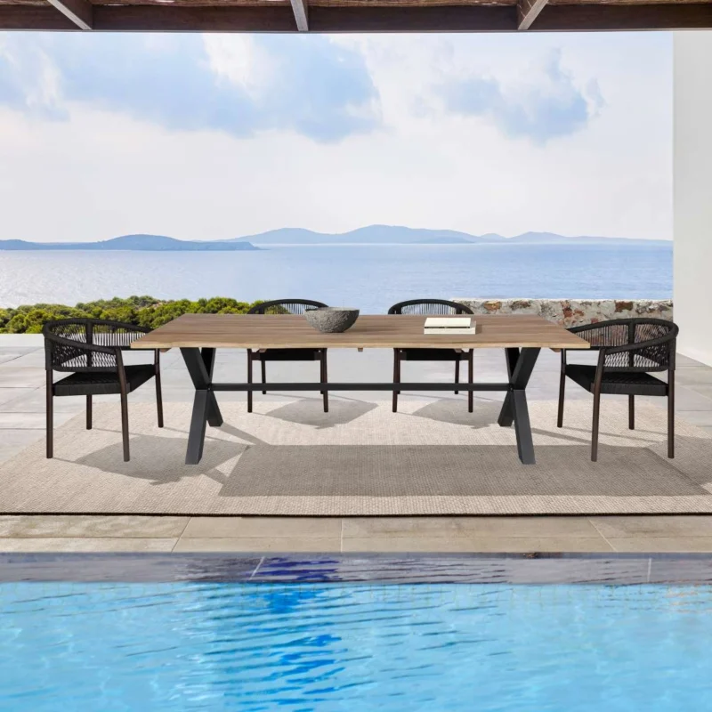 Glendora Doris Outdoor Patio 5 Piece Live Edge Dining Set in Eucalyptus Wood and Black Rope By Armen Living | Outdoor Dining Sets | Modishstore