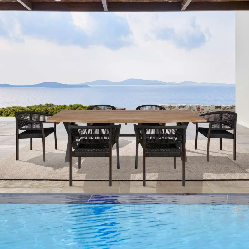 Glendora Doris Outdoor Patio 7 Piece Live Edge Dining Set in Eucalyptus Wood and Black Rope By Armen Living | Outdoor Dining Sets | Modishstore
