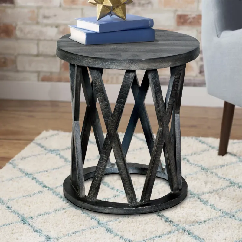 22 Inch Farmhouse Style Round Wooden End Table With Airy Design Base, Dark Gray By Benzara | Side Tables | Modishstore