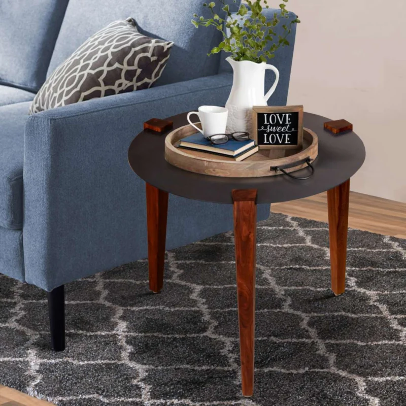 20 Inches Round Metal Top Side End Table With Tapered Legs, Brown And Black By Benzara | End Tables | Modishstore