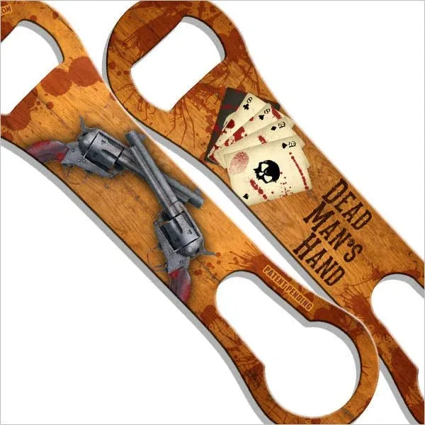 Wooden bottle opener with cowboy design featuring guns and cards on a white background