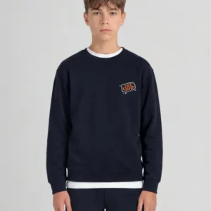 Boy wears Highlander Graphic Crew Neck Sweatshirt in Dark Navy