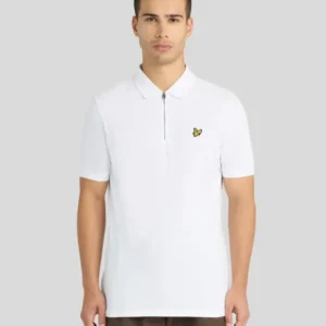 Man wears 1/4 Zip Short Sleeve Polo Shirt in White