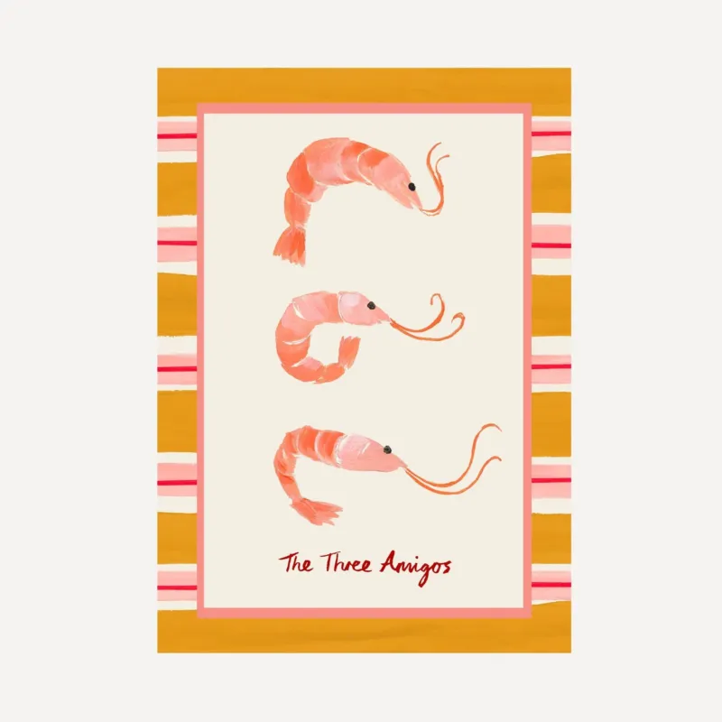 "The Three Amigos" playful art print of three prawns framed by a bold striped border
